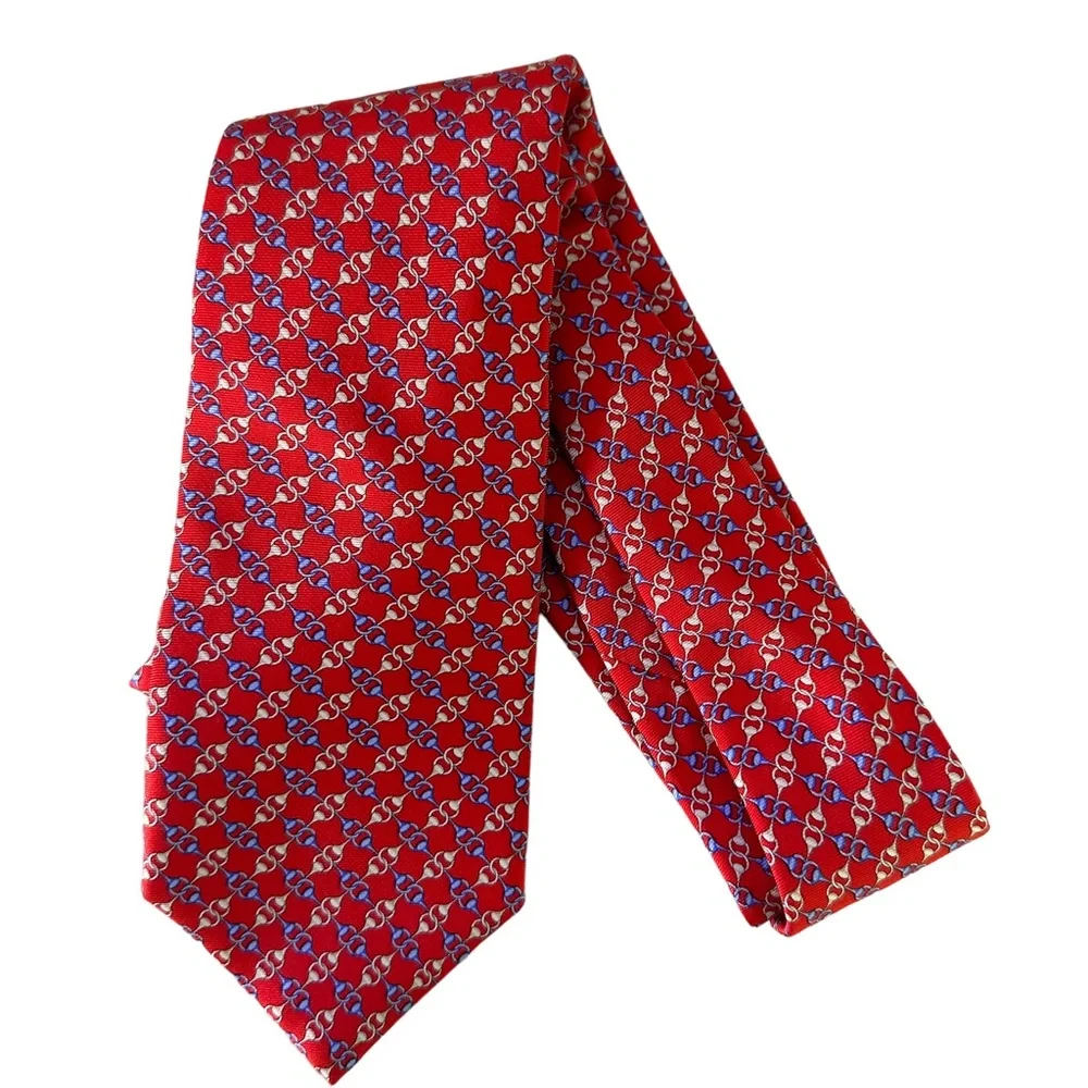 Brooks Brothers Men's Necktie Red White Blue Chain Link Equestrian 100% Silk Tie